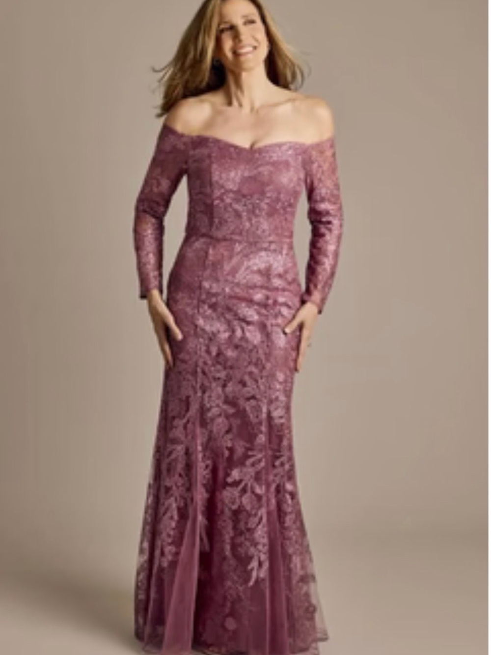 Oleg Cassini Off-Shoulder Lace Gown in Mauve Pink